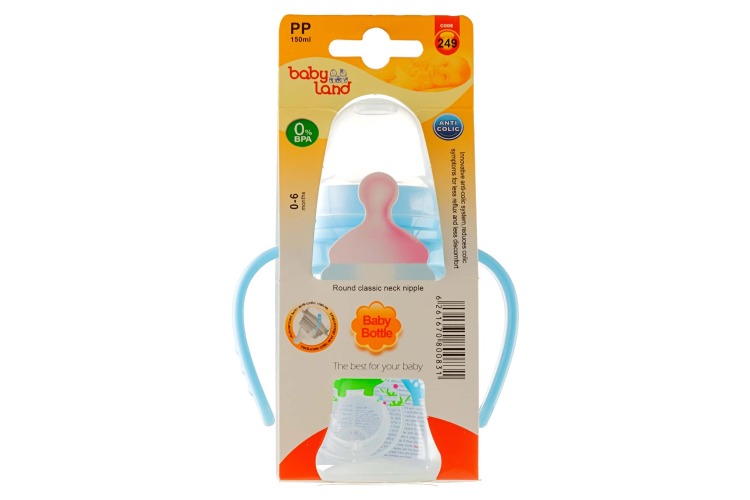 شیشه شیر دسته دار آنتی کولیک بیبی لند کد 249 مناسب 0 تا 6 ماهگی